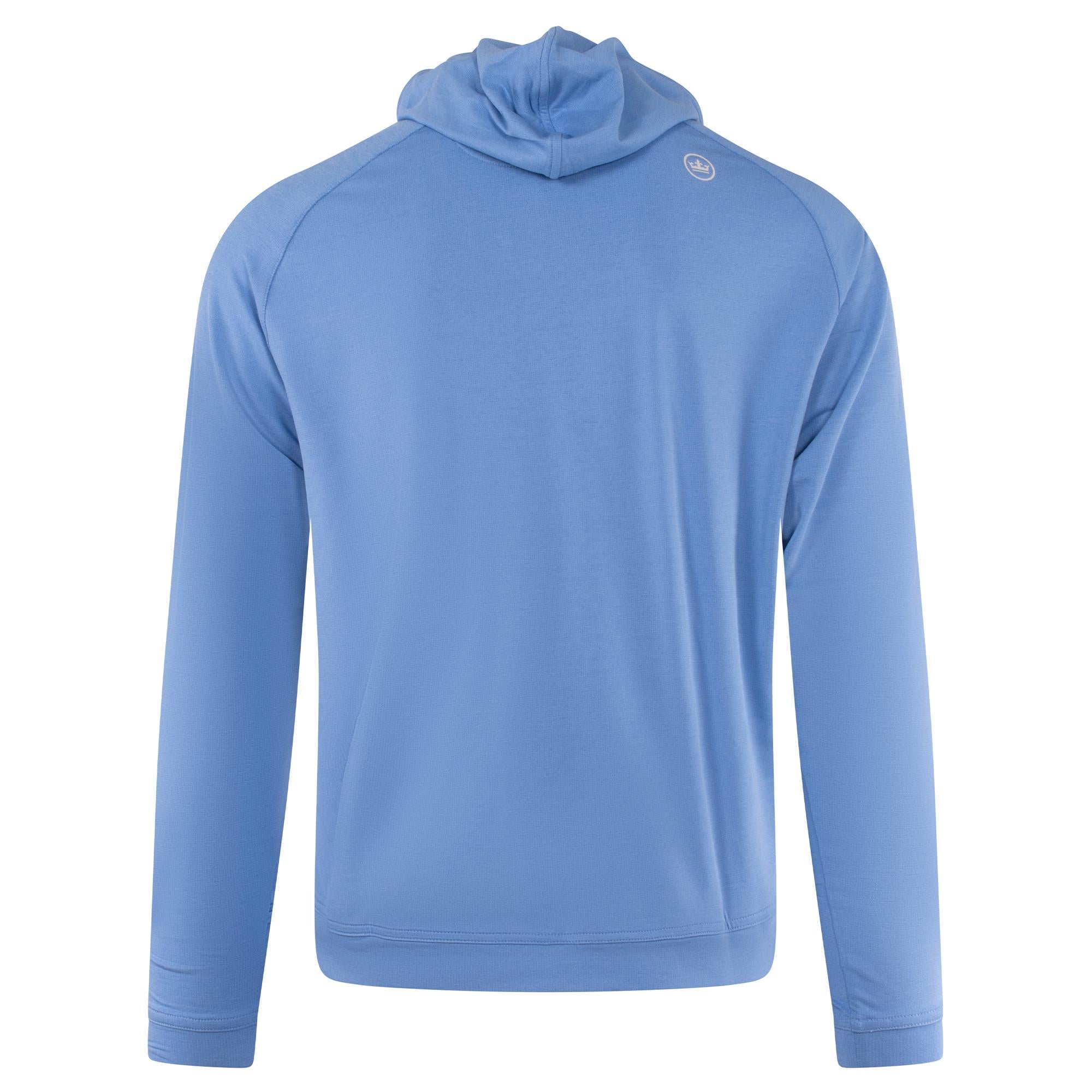 Back product view of Peter Millar Pine Golf Hoodie in Blue Sea – designer performance golf layer for men